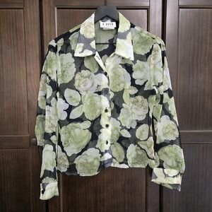 Vtg Y2K Womens Small Sheer Dark Floral Button Up Black‎ Lime Fairy Grunge Goth